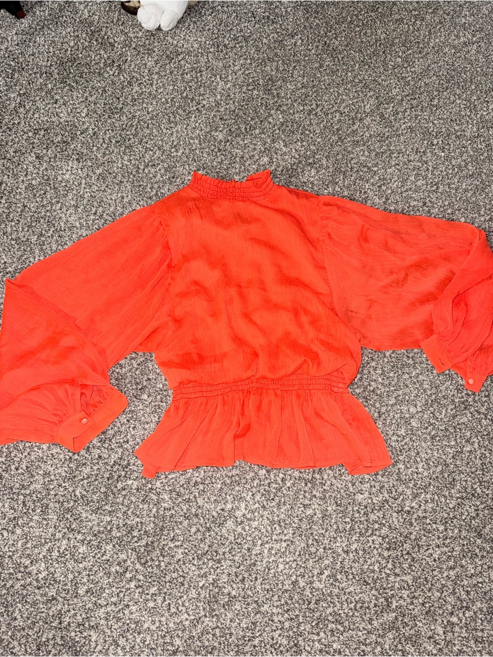 Bright Orange Smocked-Waist Peplum Blouse with Bishop Sleeves